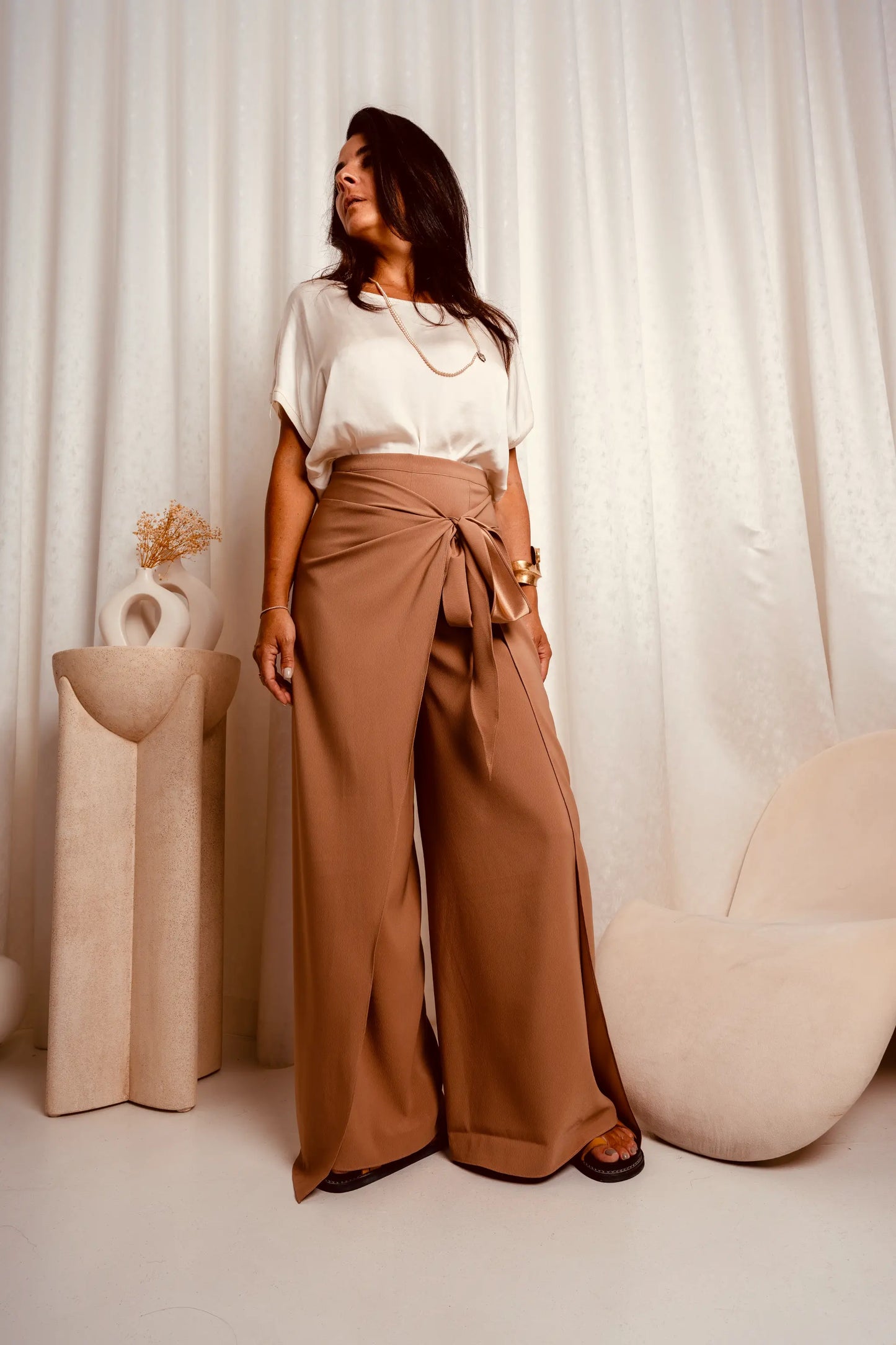 Brown Flowing Wrap Trousers