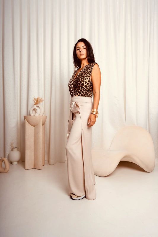 Beige Flowing Wrap Trousers